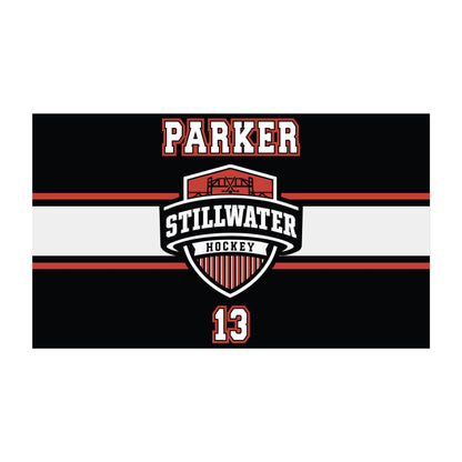 Personalized with Parker number 13 and Stillwater Hockey logo water bottle label. Black with white and red stripes design with team logo, player name and number.