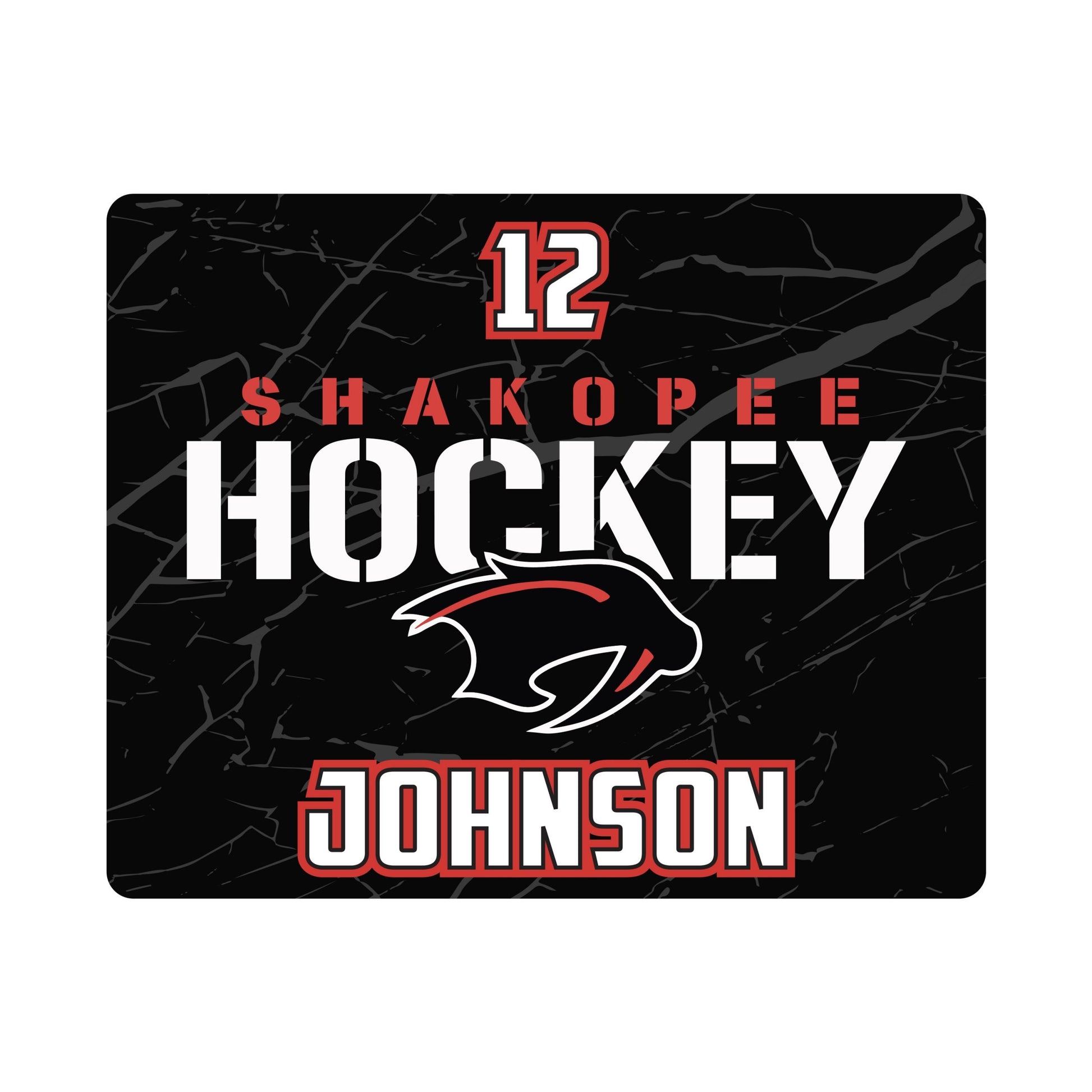 Personalized water bottle label with "Johnson number 12" and Shakopee Hockey Logo.